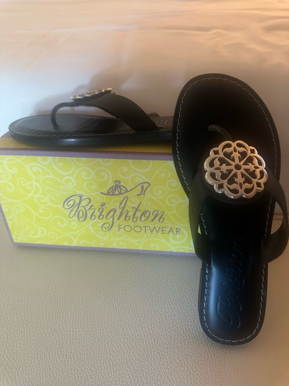 New! Brighton Black Leather Thong Sandals with Silver Ornament